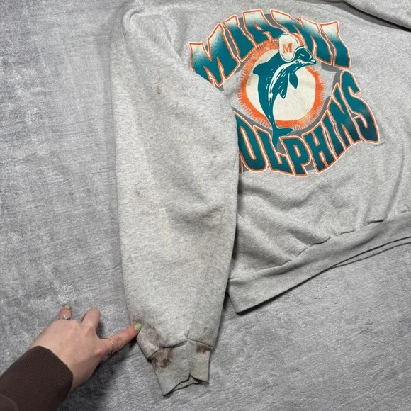 Miami Dolphins Sweatshirt Mens 2XL Gray Vintage 1995 NFL Crewneck Wave Spell Out - Picture 9 of 15